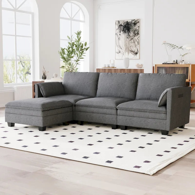Christopher Knight Home - Noah Large 3-Seater L-Shaped Sofa with Movable Ottoman and Armrest Pockets, Fabric Upholstery