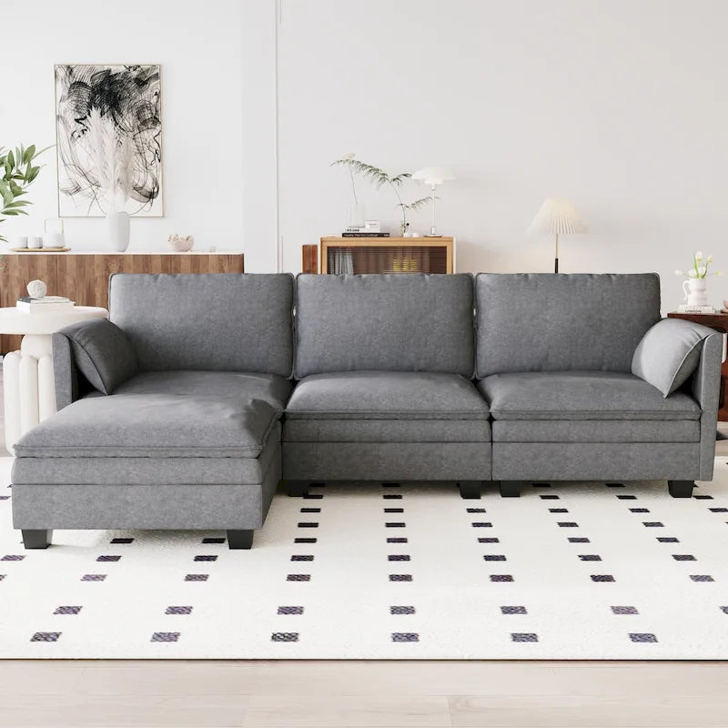 Christopher Knight Home - Noah Large 3-Seater L-Shaped Sofa with Movable Ottoman and Armrest Pockets, Fabric Upholstery