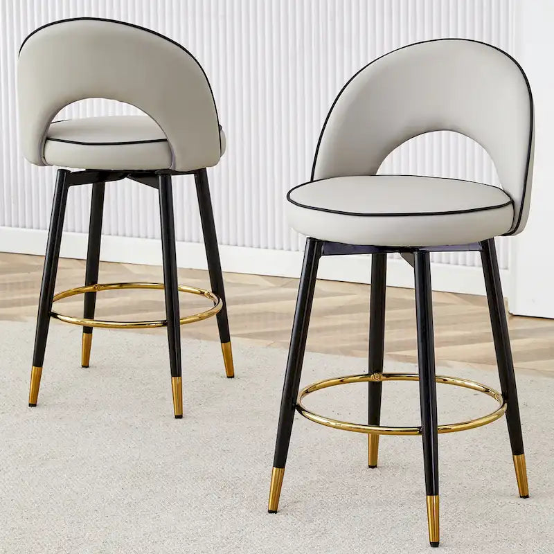 Modern Set of 2 Swivel Bar Stools with PU Cushioned Backrest Metal Legs, for Dining Room Living Room and Patio