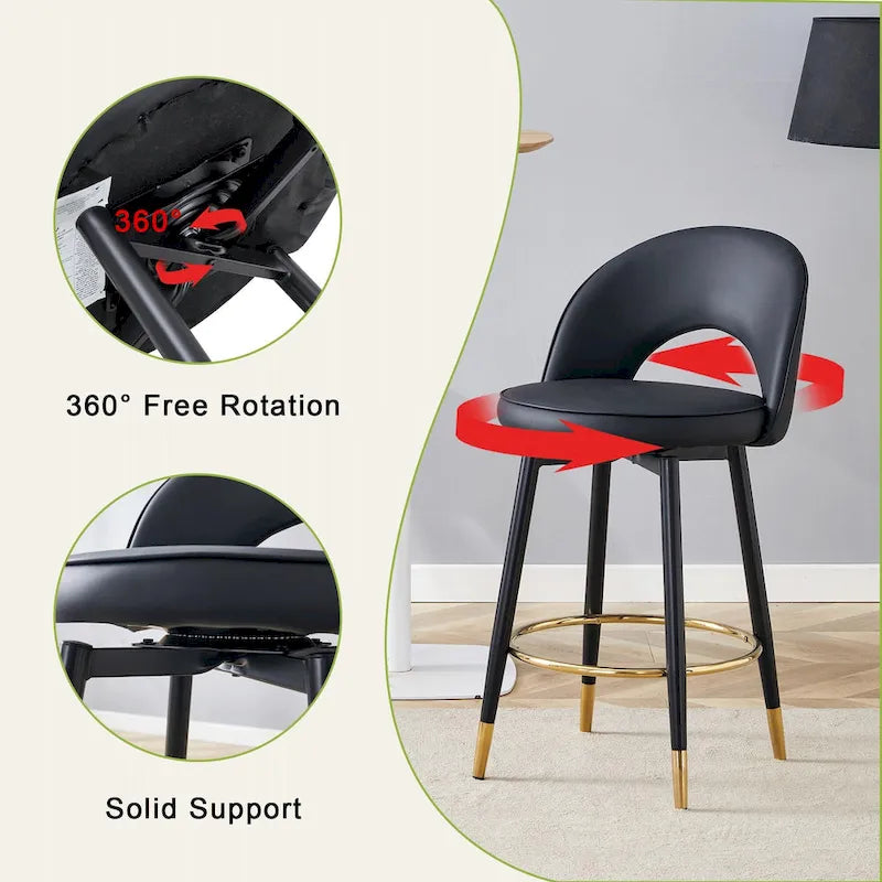Modern Set of 2 Swivel Bar Stools with PU Cushioned Backrest Metal Legs, for Dining Room Living Room and Patio