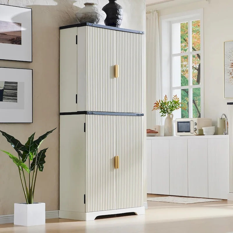 72 Tall Modern Fluted Pantry Cabinet, Storage Cabinet with 4 Doors