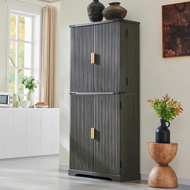 72 Tall Modern Fluted Pantry Cabinet, Storage Cabinet with 4 Doors
