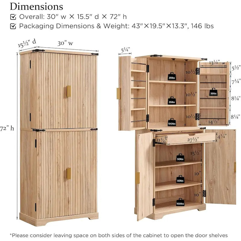 72 Tall Modern Fluted Pantry Cabinet, Storage Cabinet with 4 Doors