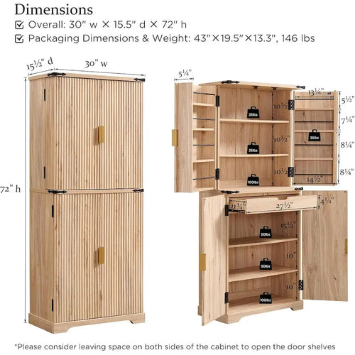 72 Tall Modern Fluted Pantry Cabinet, Storage Cabinet with 4 Doors