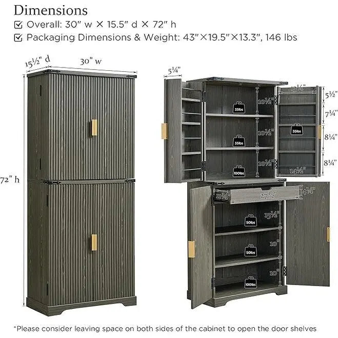 72 Tall Modern Fluted Pantry Cabinet, Storage Cabinet with 4 Doors
