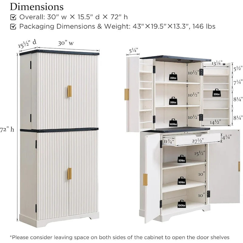 72 Tall Modern Fluted Pantry Cabinet, Storage Cabinet with 4 Doors