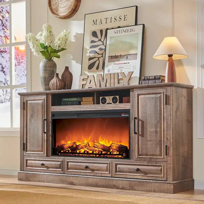 Farmhouse Fireplace TV Stand for 80 Inch TV, Entertainment Center