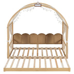 Solid Wood Playhouse Platform Bed Floor Montessori Bed Frame with Arched Roof and Trundle for Girls and Boys