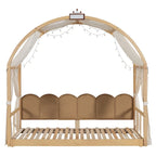 Solid Wood Playhouse Platform Bed Floor Montessori Bed Frame with Arched Roof and Trundle for Girls and Boys