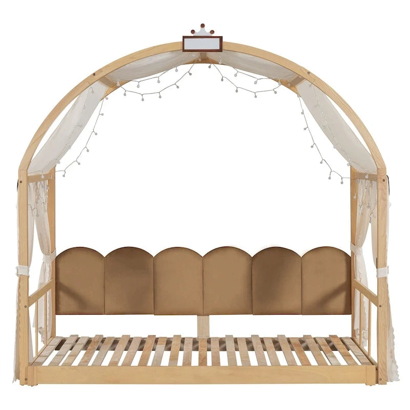 Solid Wood Playhouse Platform Bed Floor Montessori Bed Frame with Arched Roof and Trundle for Girls and Boys