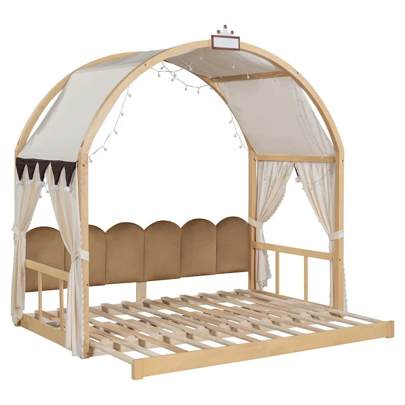 Solid Wood Playhouse Platform Bed Floor Montessori Bed Frame with Arched Roof and Trundle for Girls and Boys