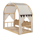 Solid Wood Playhouse Platform Bed Floor Montessori Bed Frame with Arched Roof and Trundle for Girls and Boys