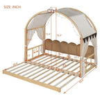 Solid Wood Playhouse Platform Bed Floor Montessori Bed Frame with Arched Roof and Trundle for Girls and Boys