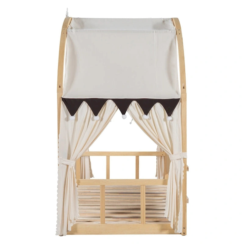 Solid Wood Playhouse Platform Bed Floor Montessori Bed Frame with Arched Roof and Trundle for Girls and Boys