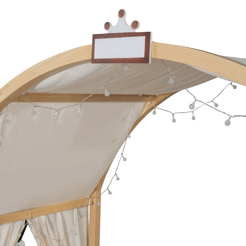 Solid Wood Playhouse Platform Bed Floor Montessori Bed Frame with Arched Roof and Trundle for Girls and Boys