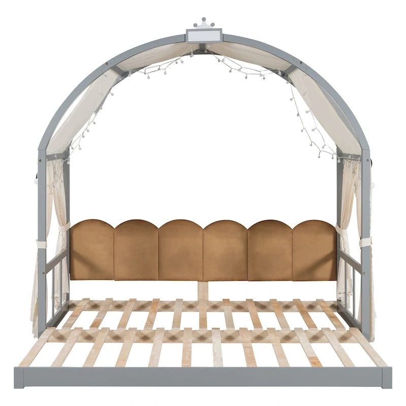 Solid Wood Playhouse Platform Bed Floor Montessori Bed Frame with Arched Roof and Trundle for Girls and Boys