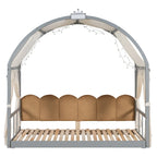 Solid Wood Playhouse Platform Bed Floor Montessori Bed Frame with Arched Roof and Trundle for Girls and Boys
