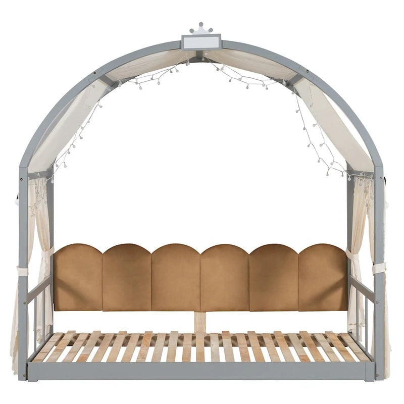 Solid Wood Playhouse Platform Bed Floor Montessori Bed Frame with Arched Roof and Trundle for Girls and Boys