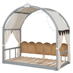 Solid Wood Playhouse Platform Bed Floor Montessori Bed Frame with Arched Roof and Trundle for Girls and Boys