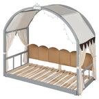 Solid Wood Playhouse Platform Bed Floor Montessori Bed Frame with Arched Roof and Trundle for Girls and Boys
