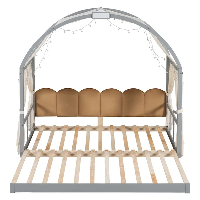 Solid Wood Playhouse Platform Bed Floor Montessori Bed Frame with Arched Roof and Trundle for Girls and Boys