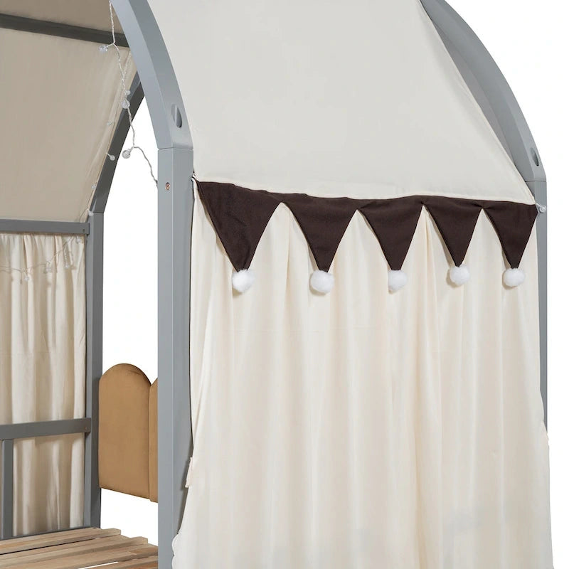Solid Wood Playhouse Platform Bed Floor Montessori Bed Frame with Arched Roof and Trundle for Girls and Boys
