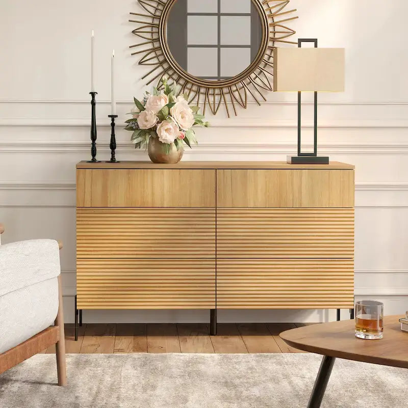 WAMPAT 3-Piece Modern Bedroom Set, 47 Fluted Dresser with 6 Drawers & 2 Nightstands with Charging Station, Oak