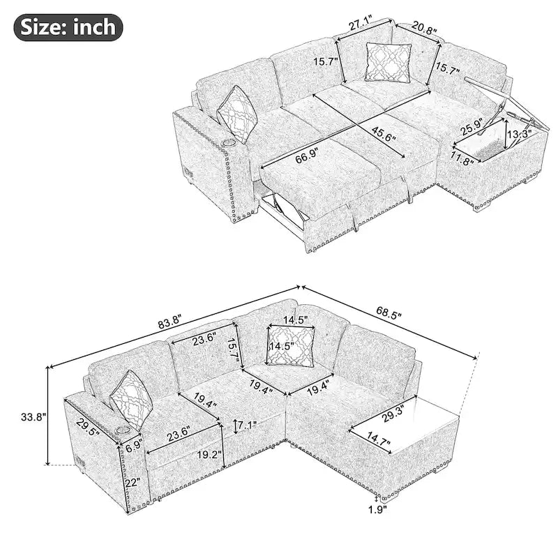 Pull-Out Sofa Bed, L-Shaped Corner Sofa Couch Nailhead Trim Lounge Sofa with Storage Ottoman and USB Ports, Cup Holder Black