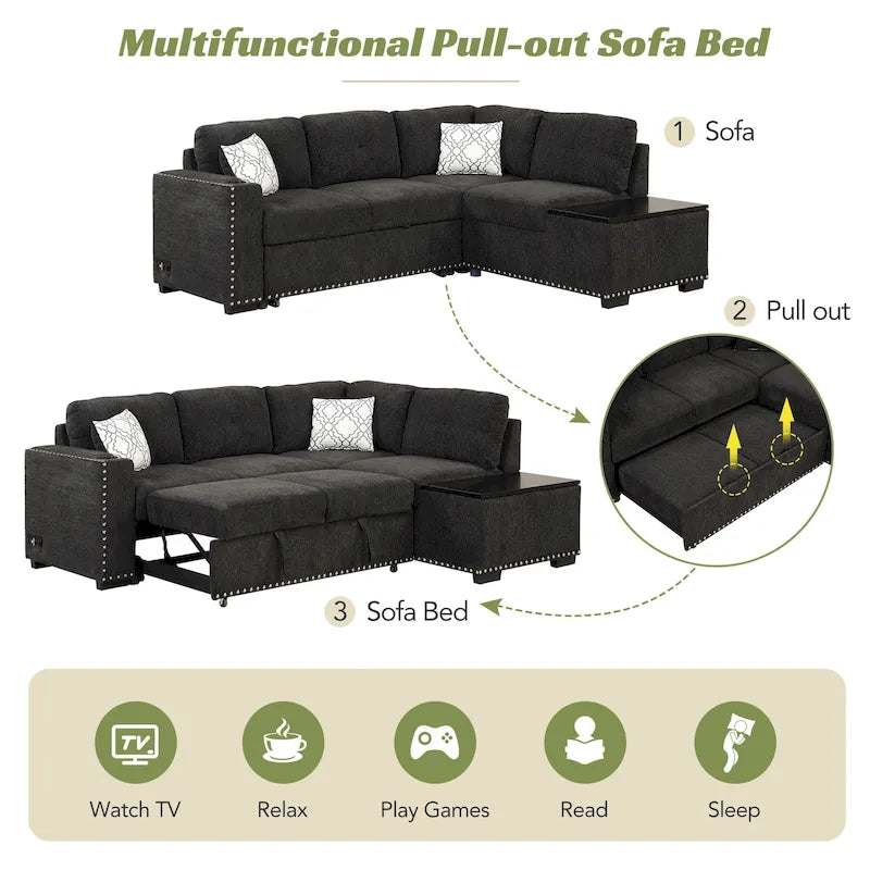 Pull-Out Sofa Bed, L-Shaped Corner Sofa Couch Nailhead Trim Lounge Sofa with Storage Ottoman and USB Ports, Cup Holder Black