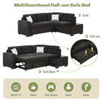 Pull-Out Sofa Bed, L-Shaped Corner Sofa Couch Nailhead Trim Lounge Sofa with Storage Ottoman and USB Ports, Cup Holder Black