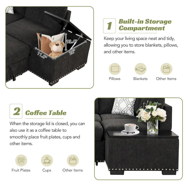 Pull-Out Sofa Bed, L-Shaped Corner Sofa Couch Nailhead Trim Lounge Sofa with Storage Ottoman and USB Ports, Cup Holder Black