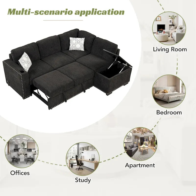 Pull-Out Sofa Bed, L-Shaped Corner Sofa Couch Nailhead Trim Lounge Sofa with Storage Ottoman and USB Ports, Cup Holder Black