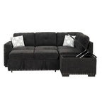 Pull-Out Sofa Bed, L-Shaped Corner Sofa Couch Nailhead Trim Lounge Sofa with Storage Ottoman and USB Ports, Cup Holder Black