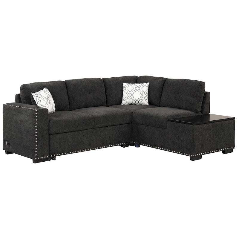 Pull-Out Sofa Bed, L-Shaped Corner Sofa Couch Nailhead Trim Lounge Sofa with Storage Ottoman and USB Ports, Cup Holder Black