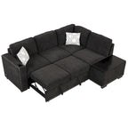 Pull-Out Sofa Bed, L-Shaped Corner Sofa Couch Nailhead Trim Lounge Sofa with Storage Ottoman and USB Ports, Cup Holder Black