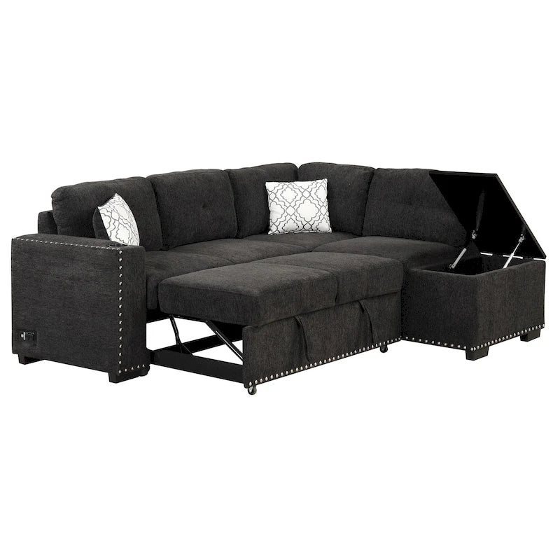 Pull-Out Sofa Bed, L-Shaped Corner Sofa Couch Nailhead Trim Lounge Sofa with Storage Ottoman and USB Ports, Cup Holder Black