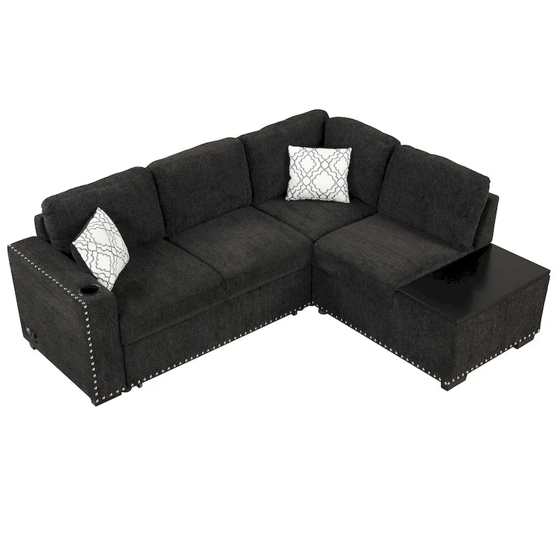 Pull-Out Sofa Bed, L-Shaped Corner Sofa Couch Nailhead Trim Lounge Sofa with Storage Ottoman and USB Ports, Cup Holder Black
