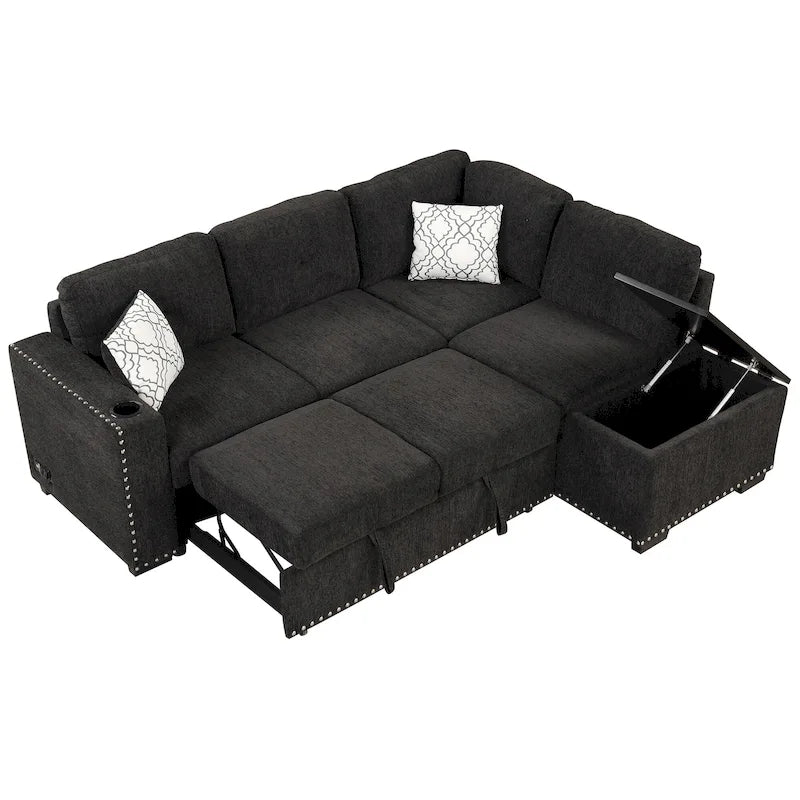 Pull-Out Sofa Bed, L-Shaped Corner Sofa Couch Nailhead Trim Lounge Sofa with Storage Ottoman and USB Ports, Cup Holder Black