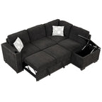 Pull-Out Sofa Bed, L-Shaped Corner Sofa Couch Nailhead Trim Lounge Sofa with Storage Ottoman and USB Ports, Cup Holder Black
