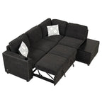 Pull-Out Sofa Bed, L-Shaped Corner Sofa Couch Nailhead Trim Lounge Sofa with Storage Ottoman and USB Ports, Cup Holder Black