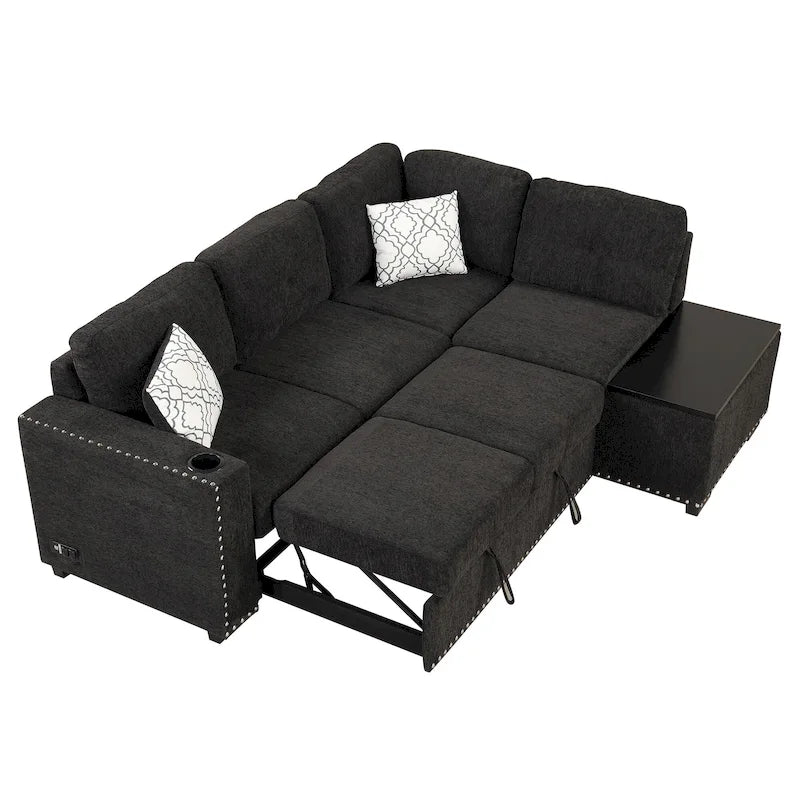 Pull-Out Sofa Bed, L-Shaped Corner Sofa Couch Nailhead Trim Lounge Sofa with Storage Ottoman and USB Ports, Cup Holder Black