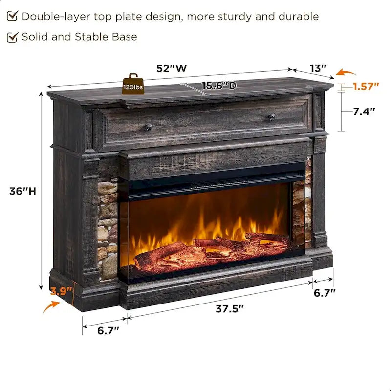 Farmhouse TV Stand With 3-Sided Glass Fireplace, Entertainment Center
