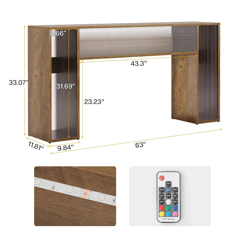 63 Inches Farmhouse Console Sofa Table with LED Lights for Entryway - 62.99 W x 11.81 D x 33.07 H