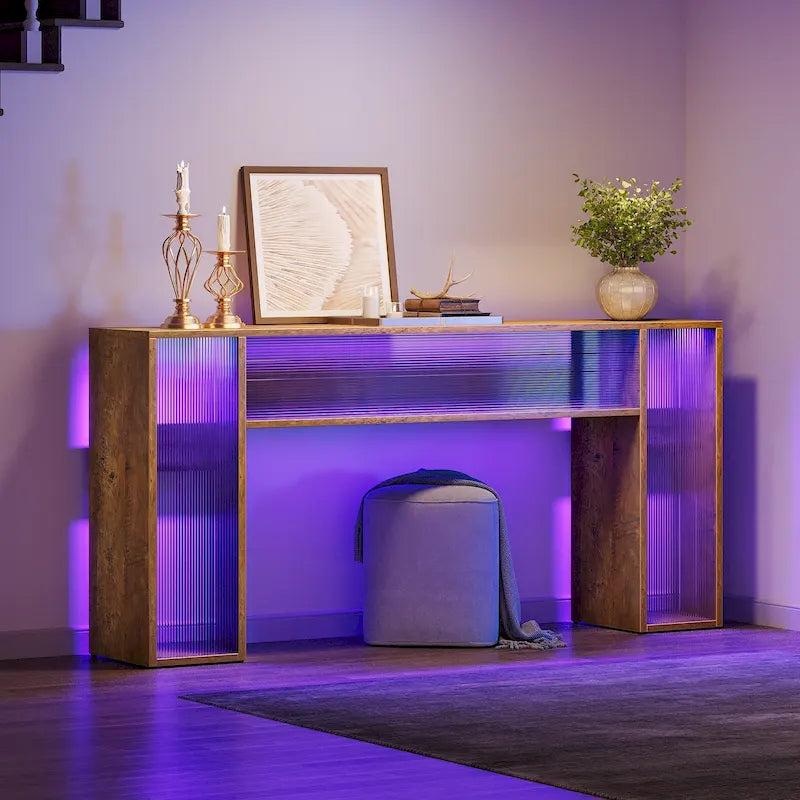 63 Inches Farmhouse Console Sofa Table with LED Lights for Entryway - 62.99 W x 11.81 D x 33.07 H