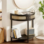 Half-Moon Rattan Console Table with Drawers & Sliding Door - 31.88 x 15.74 x 32.28 inch