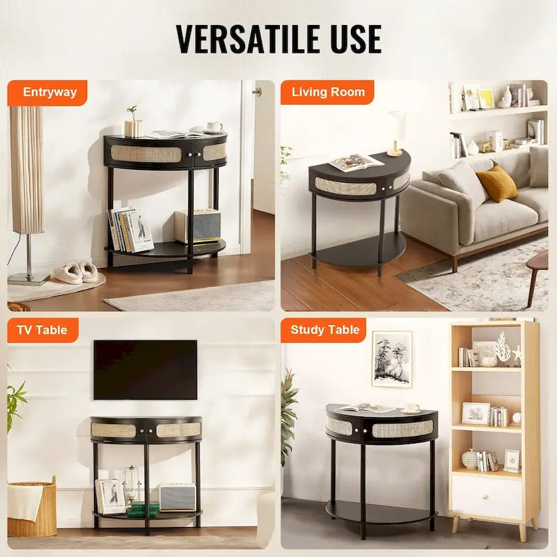 Half-Moon Rattan Console Table with Drawers & Sliding Door - 31.88 x 15.74 x 32.28 inch