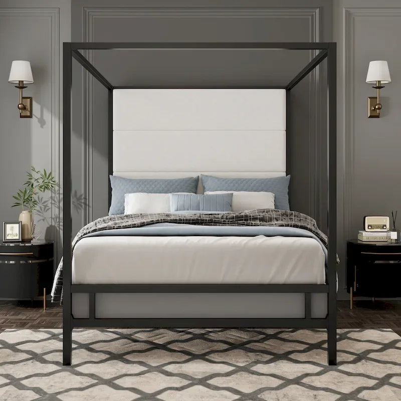 Canopy Bed with Velvet Upholstered Headboard Metal 4-Poster Bed Frame