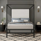 Canopy Bed with Velvet Upholstered Headboard Metal 4-Poster Bed Frame
