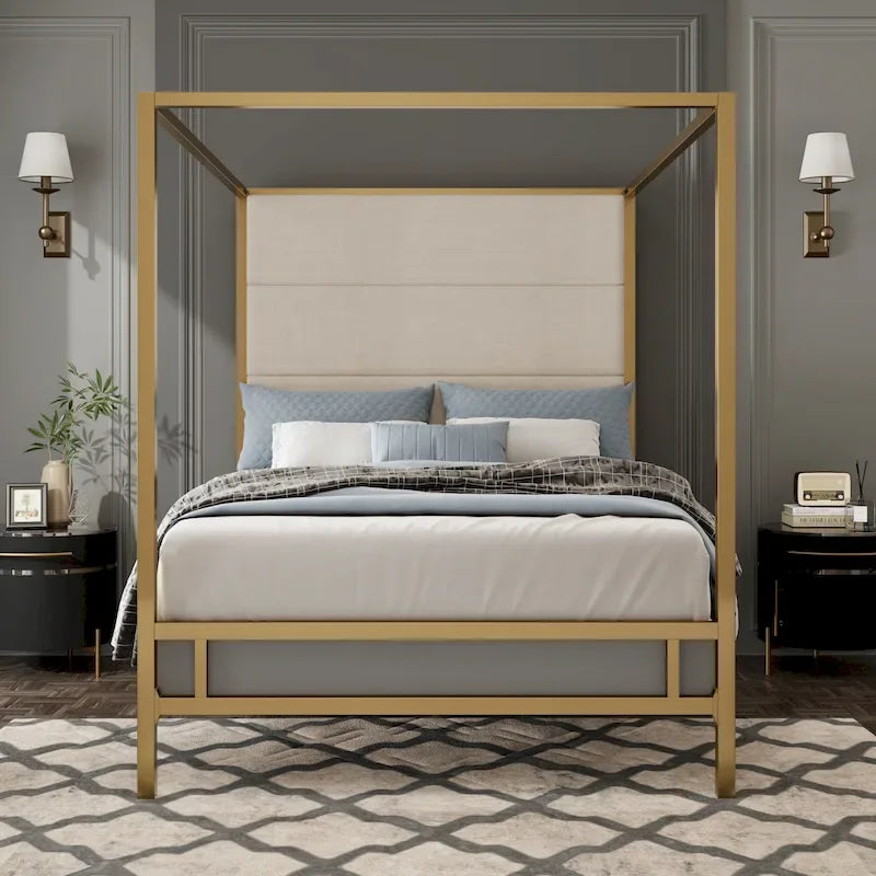 Canopy Bed with Velvet Upholstered Headboard Metal 4-Poster Bed Frame