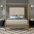 Canopy Bed with Velvet Upholstered Headboard Metal 4-Poster Bed Frame